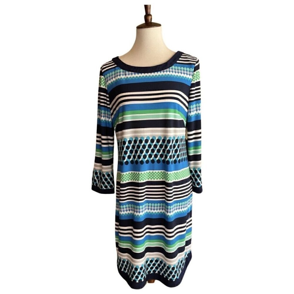 Vince Camuto Womens Blue Jersey Dotted Stripe Crew neck Mini Dress Size 14 - Picture 14 of 16